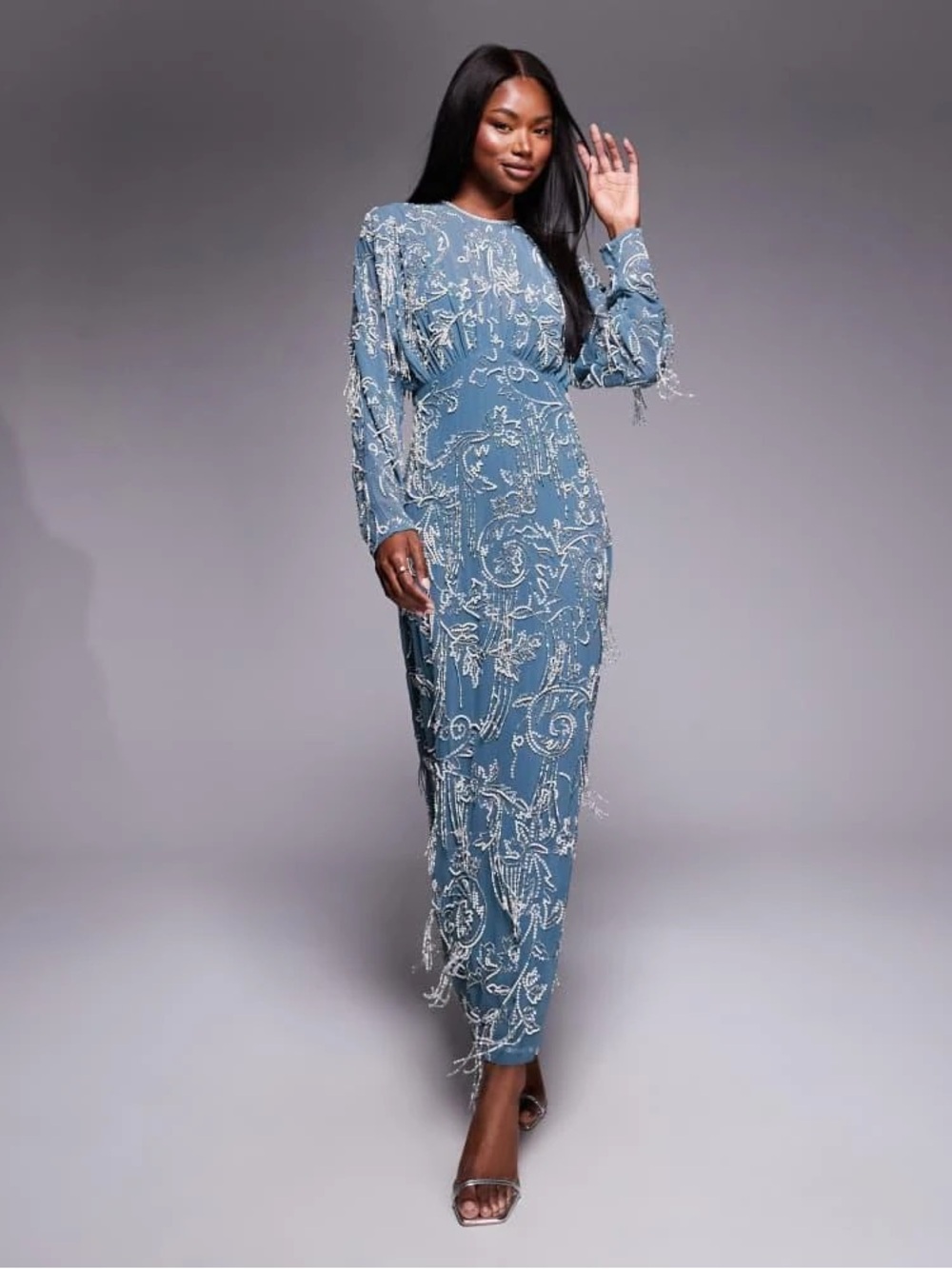 ASOS Elegant Sequin Embellished Gown DESIGN long sleeve Blue Size 10
